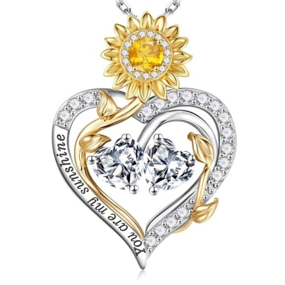 925 Sterling Silver Double Heart Sunflower Pendant Necklace NWT - Picture 1 of 7